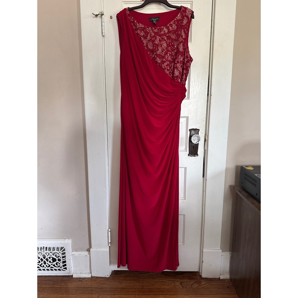 R&M Richards Woman Red Sequin Lace Draped Formal Gown Dress 20W